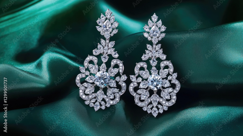 Fototapeta premium Ornate diamond chandelier earrings elegantly arranged on a silk emerald green fabric.