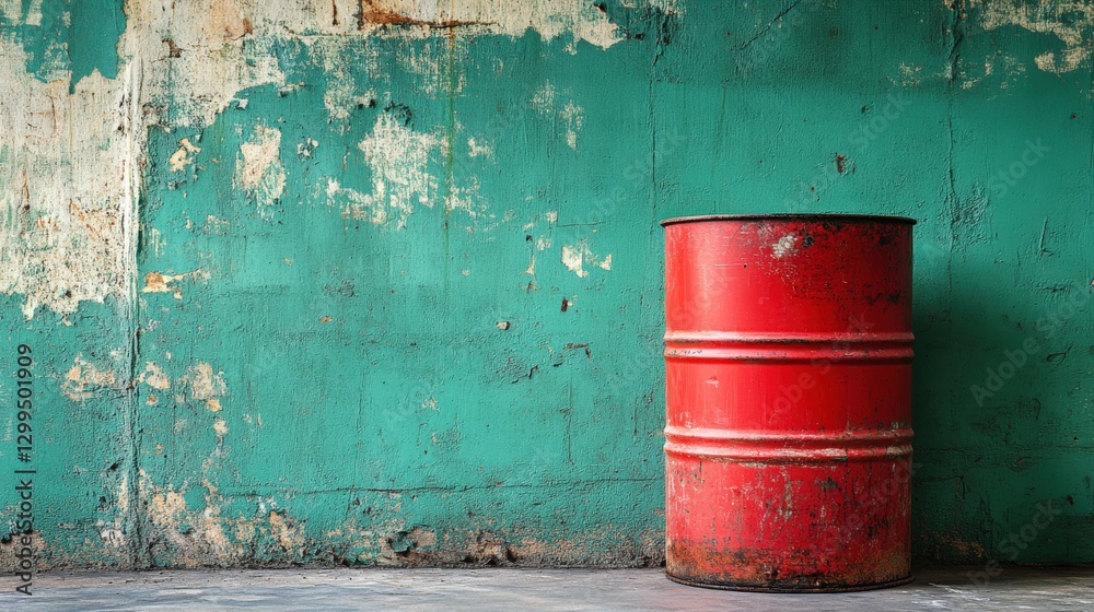 Obraz premium Red metal barrel of ammonium sulfate against a green wall in an industrial setting