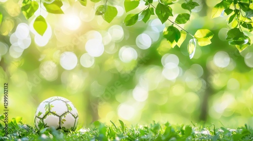 Soccer ball in park, sunny day, nature background, stock photo