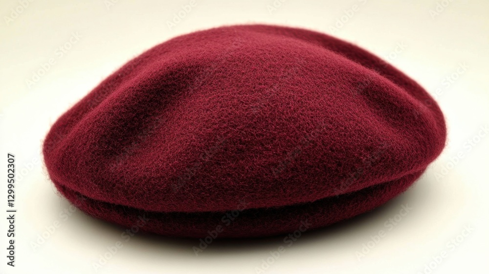 A stylish beret in deep burgundy resting on a light cream background A stylish beret in deep burgundy resting on a light cream background