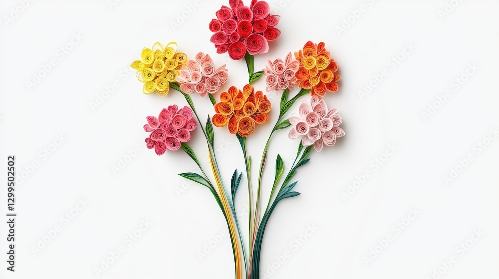 Fototapeta premium Elegant bouquet of multicolored paper carnations in quilling art on white background