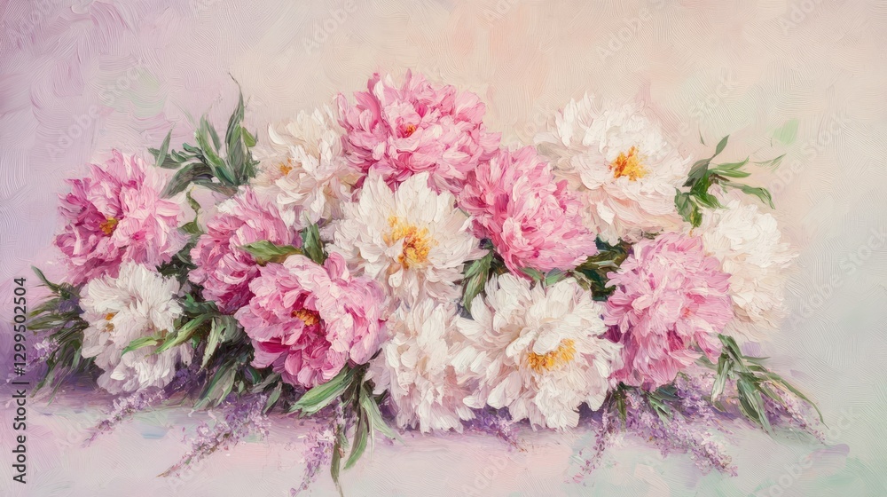 Romantic bouquet of pink and white peonies on a lavender background. Romantic bouquet of pink and white peonies on a lavender background.