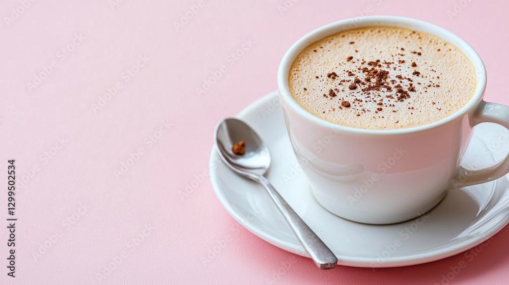 Obraz premium Cup of Frothy Coffee with Chocolate Sprinkles on Light Pink Background