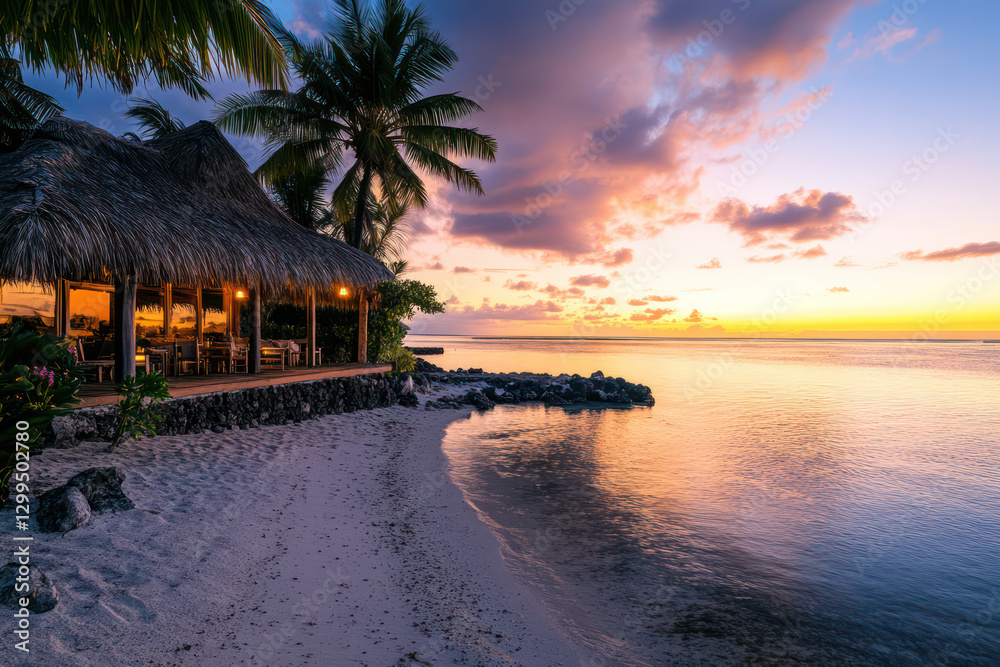 Fototapeta premium Tropical Beach Bar at Sunset – Caribbean Paradise by the Sea