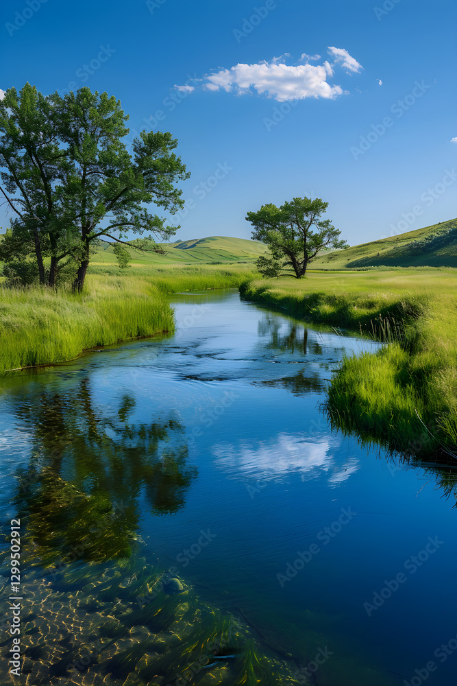 Tranquil River Landscape with Lush Meadows and Majestic Trees Tranquil River Landscape with Lush Meadows and Majestic Trees