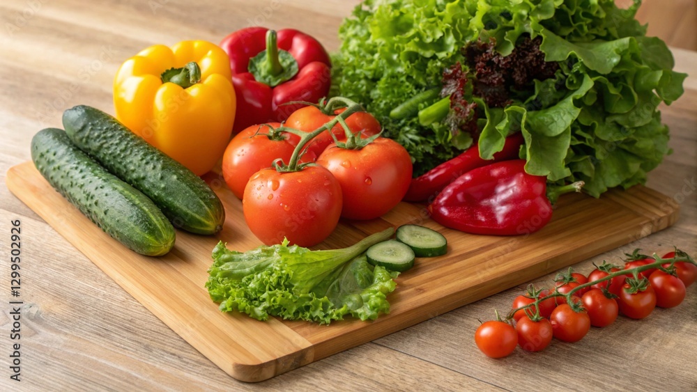 Bright and colorful still life of fresh vegetables: tomatoes, cucumbers, bell peppers, lettuce, arranged on a wooden chopping board.
Bright and colorful still life of fresh vegetables: tomatoes, cucumbers, bell peppers, lettuce, arranged on a wooden chopping board.