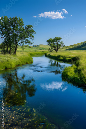 Tranquil River Landscape with Lush Meadows and Majestic Trees