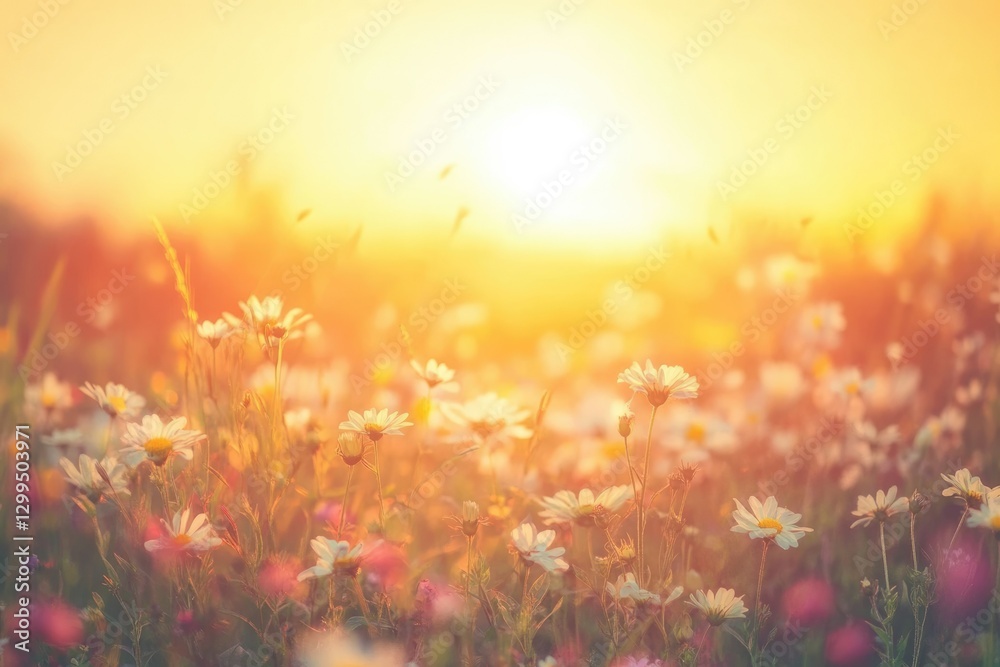 Sunlit meadow brimming with daisies at sunset; a scene of idyllic summer peace. Sunlit meadow brimming with daisies at sunset; a scene of idyllic summer peace.