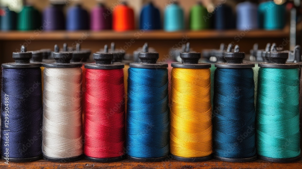 Spools of multicolored thread arranged neatly on industrial racks for production. Spools of multicolored thread arranged neatly on industrial racks for production.