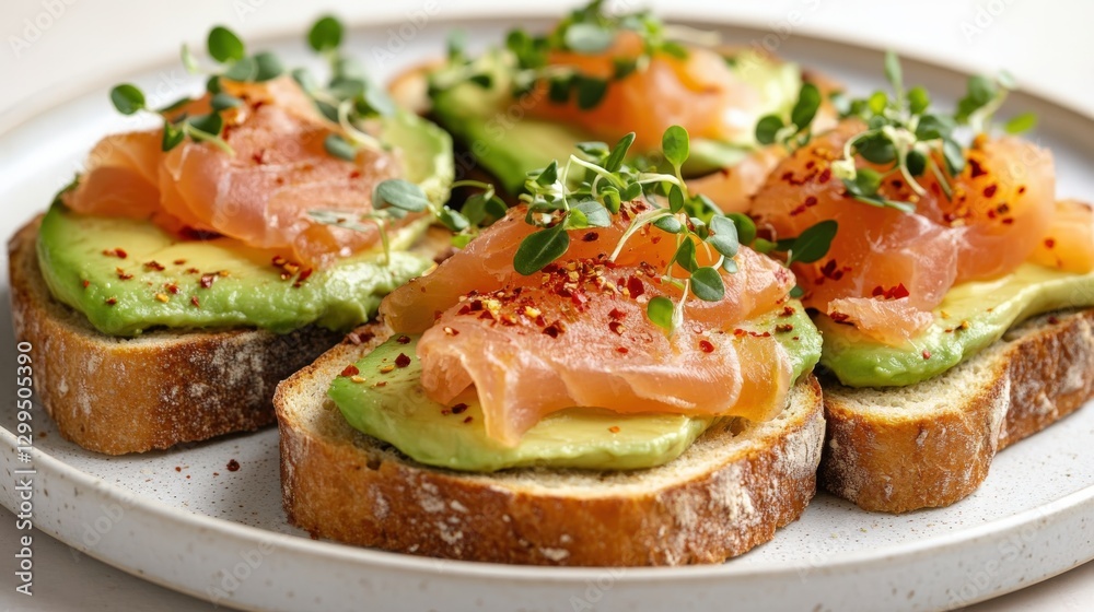 Delicate smoked salmon and avocado toast served on artisanal bread with microgreens Delicate smoked salmon and avocado toast served on artisanal bread with microgreens