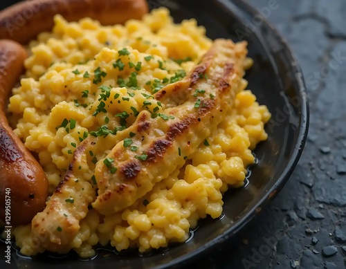 Delicious SpÃ¤tzle with Grilled Chicken and Sausage photo
