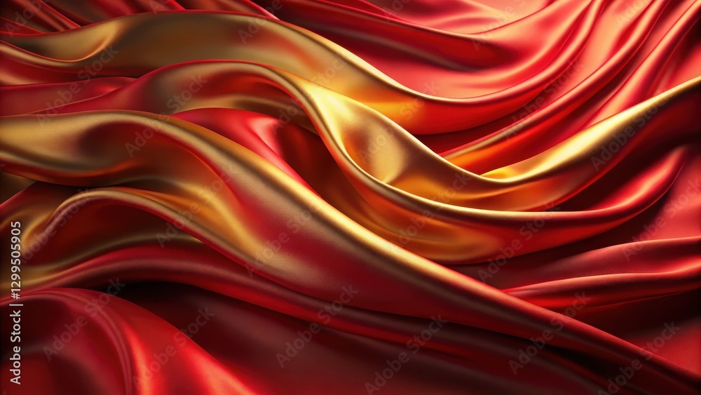 Obraz premium Close-up of luxurious red and gold wavy fabric on a red background , luxury fabric