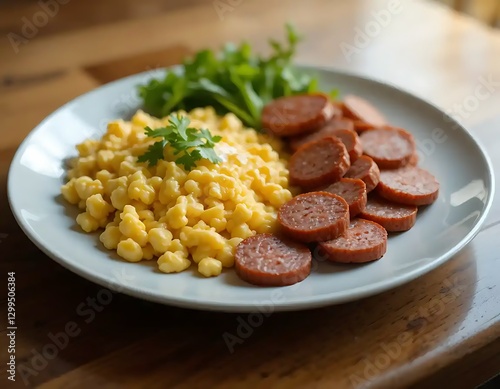 Delicious Creamy Cheese SpÃ¤tzle with Smoked Sausage photo