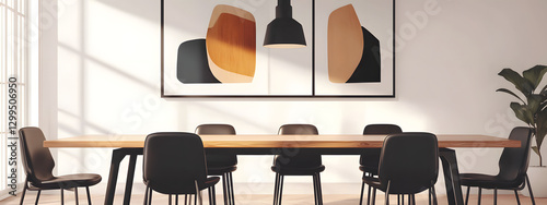 Modern dining table in black and white, surrounded by minimalist chairs against a plain wall with geometric art pieces
