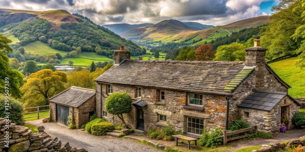 Obraz premium Ancient stone cottage in rural English village nestled among hills and trees with Lake District scenery in background, rural life, nature scenery