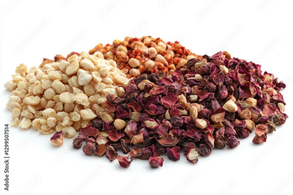 A food photography of mixed spices (dried shallots, wasabi powder, Gochugaru flakes) on a white background A food photography of mixed spices (dried shallots, wasabi powder, Gochugaru flakes) on a white background