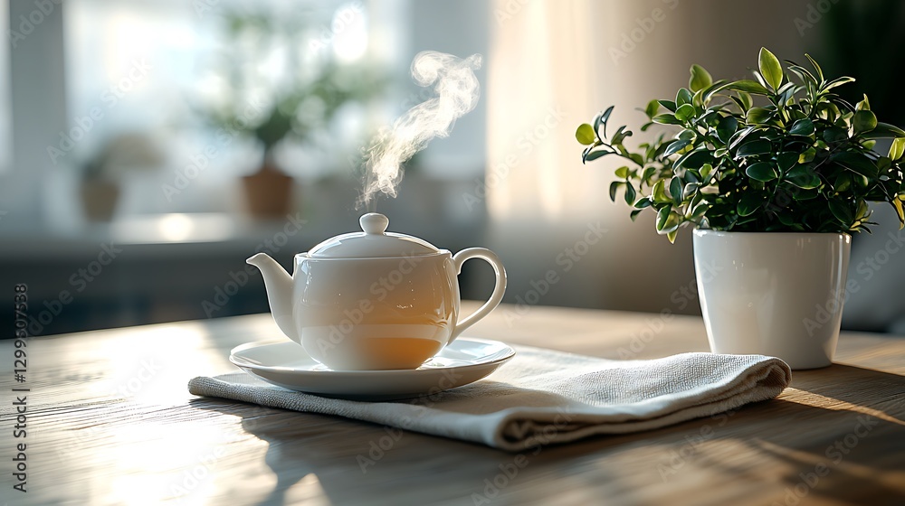 Morning tea, white teapot, sunlight, plants, cozy home Morning tea, white teapot, sunlight, plants, cozy home