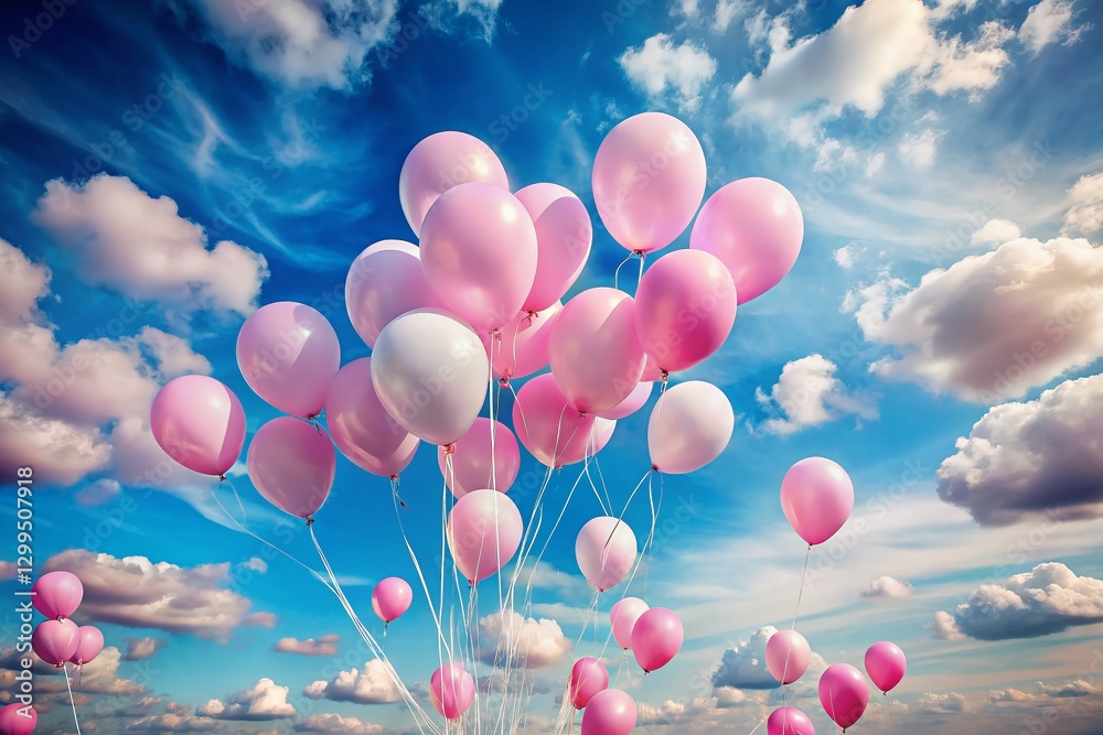Fototapeta premium Dreamy Pink Balloons Floating in a Blue Sky with Clouds - Long Exposure Stock Photo