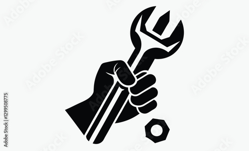 Hand holding wrench silhouette, repair tool vector icon