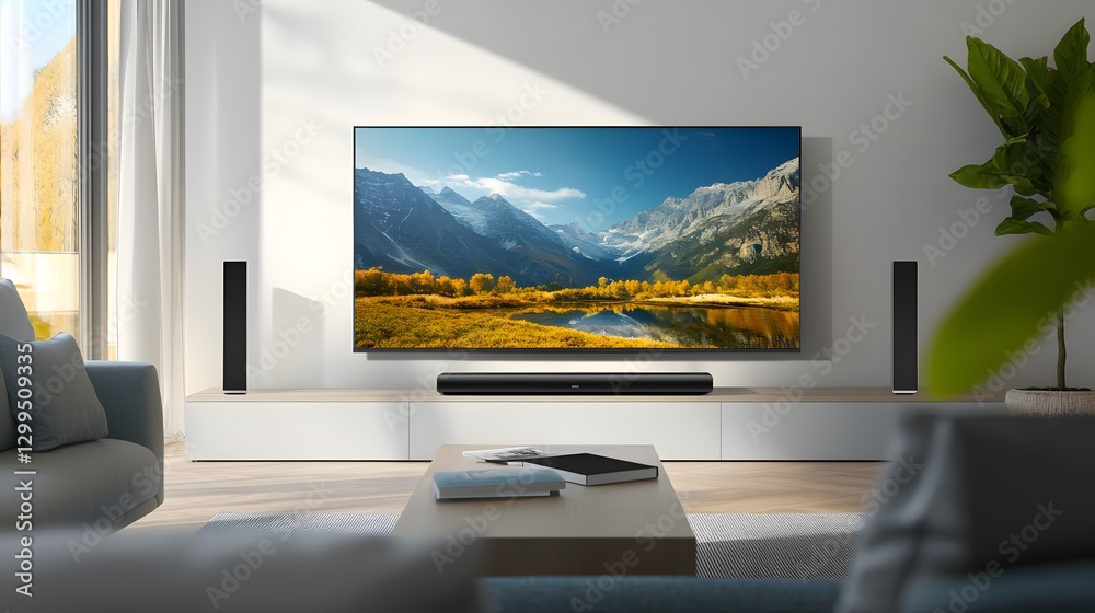 Fototapeta premium Modern smart tv connected with sound bar. Home entertainment system. Tech, visual, audio entertainment. Stylish interior design. Living room setup. High-quality image, beautiful landscape view, 
