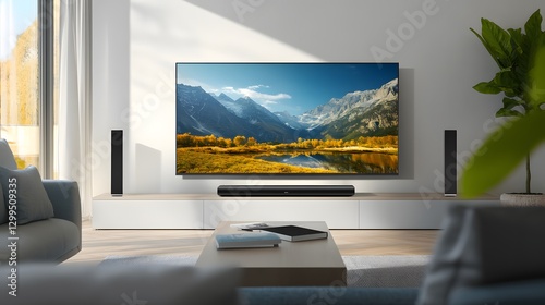 Modern smart tv connected with sound bar. Home entertainment system. Tech, visual, audio entertainment. Stylish interior design. Living room setup. High-quality image, beautiful landscape view,
