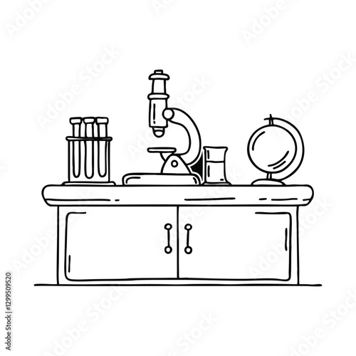 Laboratory filled with various scientific equipment, test tubes, and a microscope on a workbench