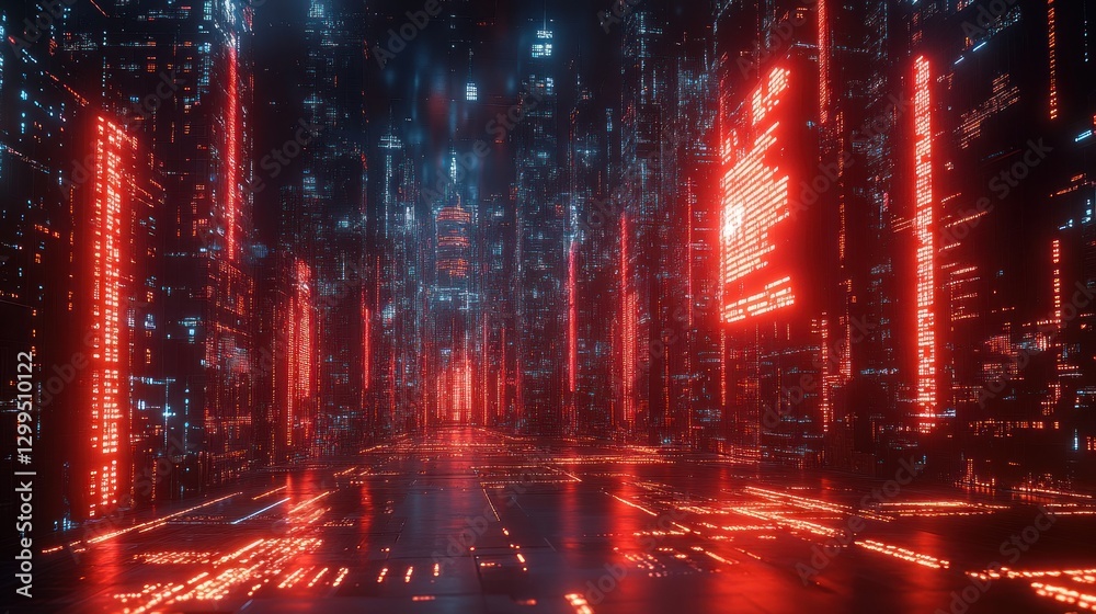 Naklejka premium Neon city street, futuristic, digital data, glowing columns