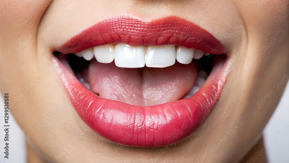 Obraz premium A mouth with a visible tongue hanging out of its corner, with the edges of the lips and teeth forming a slight smile