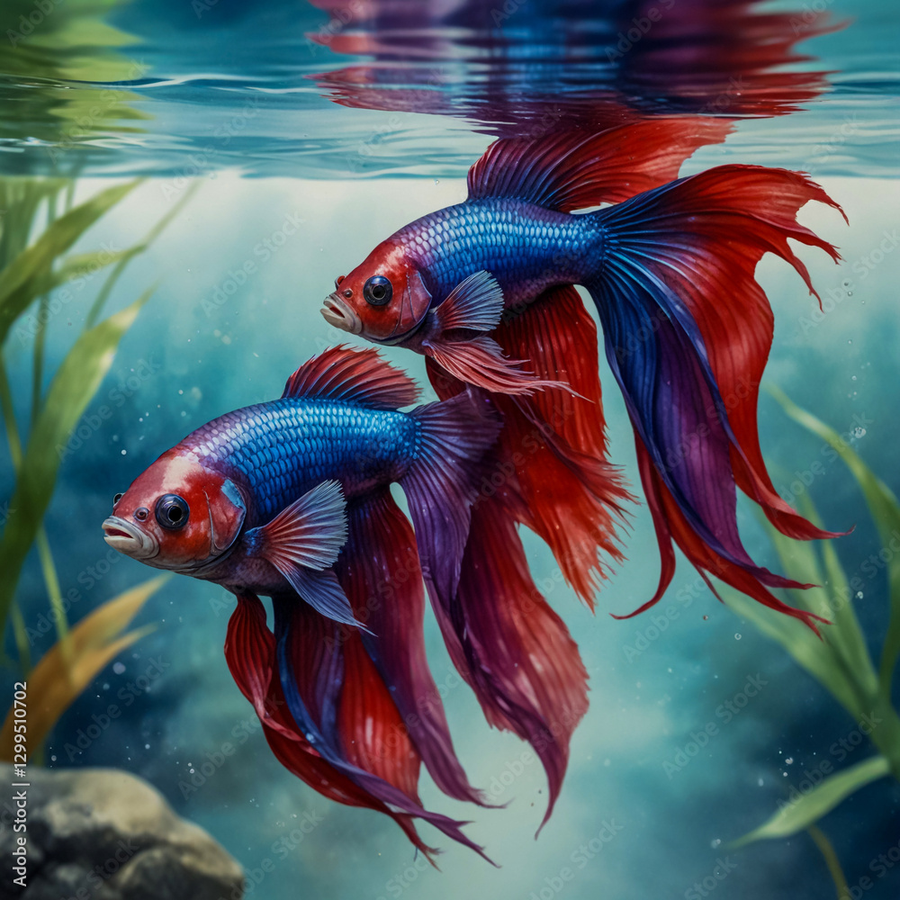 Fototapeta premium Watercolor Illustration of two Betta Fish in a Thai Freshwater Stream