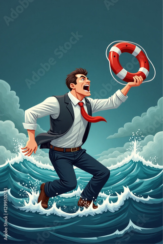 Struggling businessman in a stormy sea, reaching for a life preserver to survive business challenges
