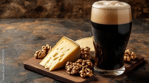 Dark dunkelweizen in a tall glass with smoked gouda and walnuts on a board photo