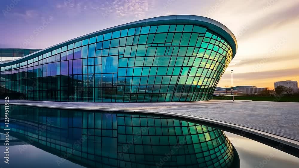 Modern architectural marvel with reflective glass facade and serene water feature at sunset