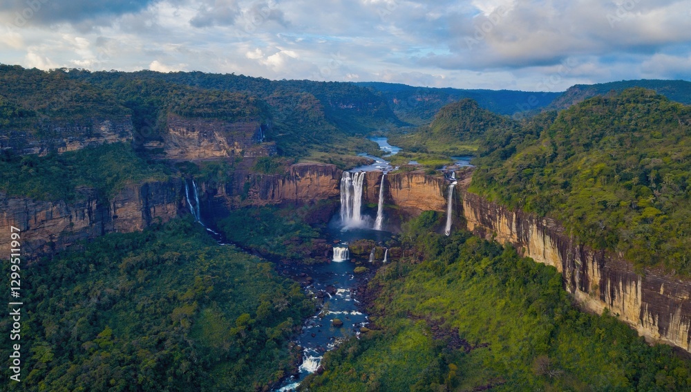 Obraz premium Majestic waterfall cascade iguazu falls aerial view lush jungle nature
