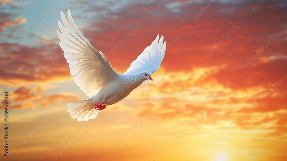 Majestic White Dove in Flight Against Spectacular Sunset Sky Creating Powerful Symbol of Peace Hope and Divine Presence Majestic White Dove in Flight Against Spectacular Sunset Sky Creating Powerful Symbol of Peace Hope and Divine Presence