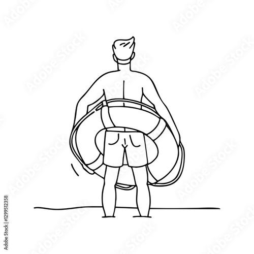 A lifeguard holding a rescue buoy while watching over swimmers