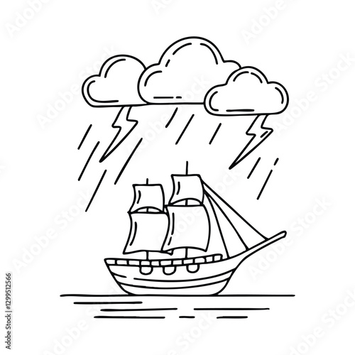 A ship caught in a storm, surrounded by flashing lightning among clouds