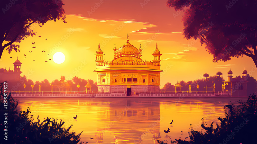 Obraz premium Golden temple illustration with sunset sky. Harmony - Meadow. Illustration