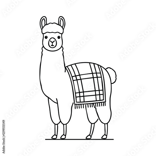 Fluffy llama standing with a blanket draped over its back