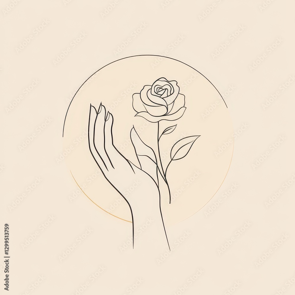 Fototapeta premium Modern Minimalist Abstract Logo Featuring Elegant Hands Cradling a Delicate Rose in a Trendy Linear Design for Creative Branding