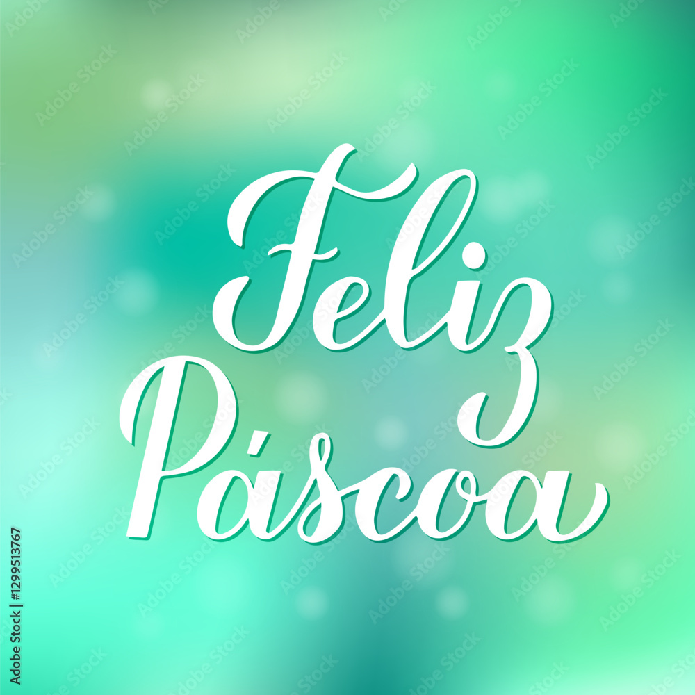 Happy Easter calligraphy hand lettering in Portuguese language on green gradient background. Easter celebration typography poster. Vector template for banner, greeting card, flyer, etc.