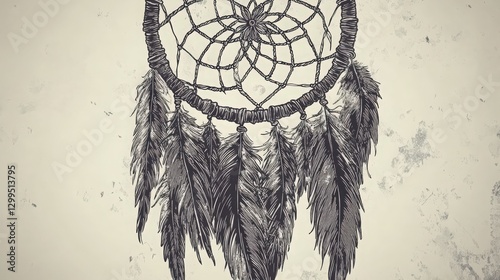 Hand-Drawn Dreamcatcher Illustration with Textured Background Art Concept photo