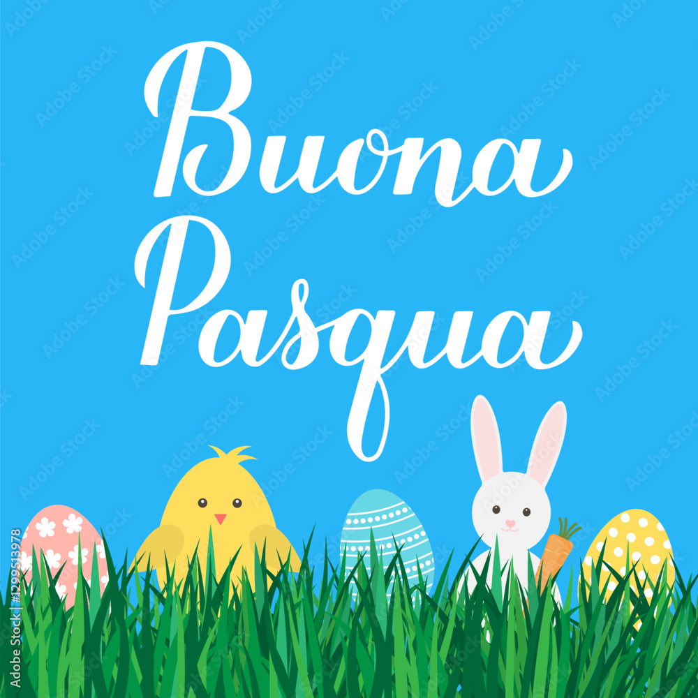 Happy Easter calligraphy lettering in Italian language. Eggs, bunny and cute cartoon chicken on grass. Easter celebration greeting card. Vector illustration.