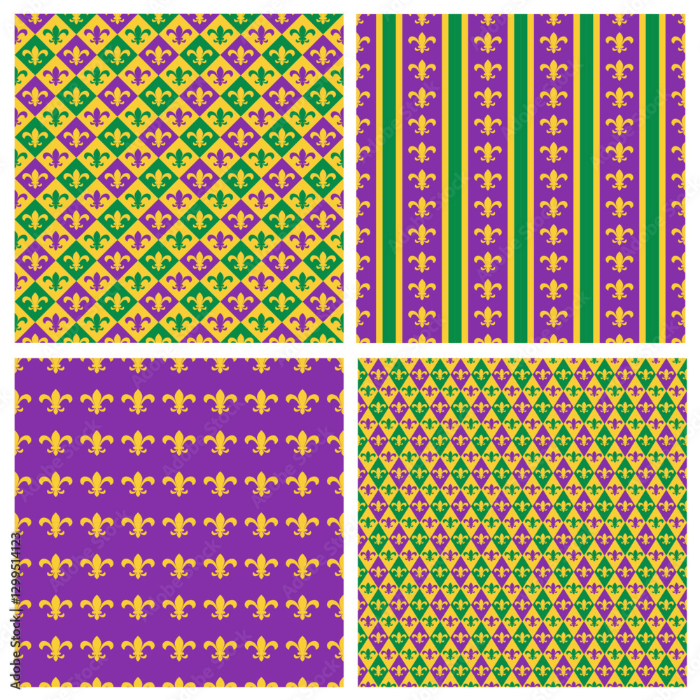 Mardi Gras seamless patterns. Set of 4 carnival or masquerade backgrounds. Vector template.
