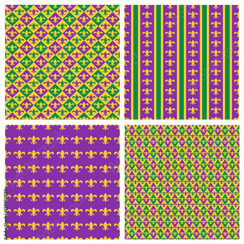 Obraz na płótnie Mardi Gras seamless patterns. Set of 4 carnival or masquerade backgrounds. Vector template. w salonie