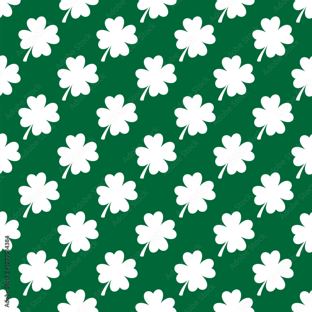 Saint Patricks Day shamrock seamless pattern. Shamrock leaves on green background. St. Patricks Day backdrop. Vector template for fabric, textile, wallpaper, wrapping paper, scrapbooking, etc.