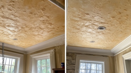 A before-and-after comparison of a moldy ceiling treated with anti-fungal spray.