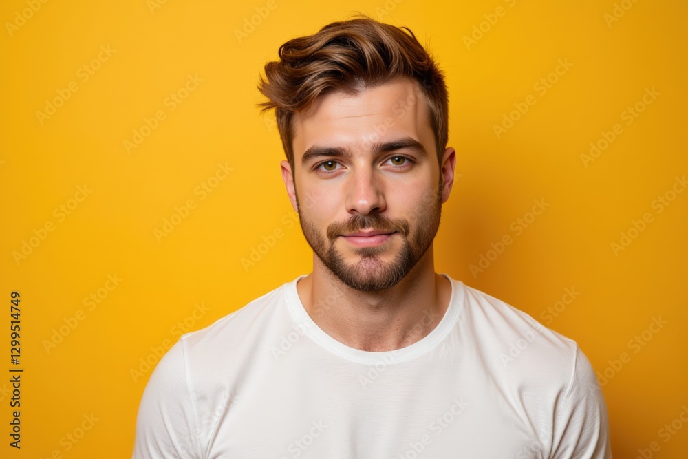 Portrait of a Young Caucasian Male with Stylish Hair, Wearing a White T-Shirt Against a Bright Yellow Background, Reflecting Confidence and Approachability Portrait of a Young Caucasian Male with Stylish Hair, Wearing a White T-Shirt Against a Bright Yellow Background, Reflecting Confidence and Approachability