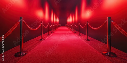Red carpet walkway leading to an illuminated entrance in a venue