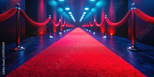 Brightly lit red carpet pathway leading to an elegant event space with glowing lights in a modern setting
