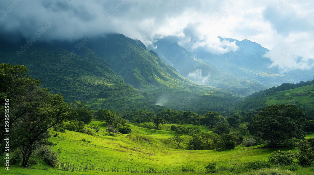 Naklejka premium Serene landscape: Lush green valley nestled amidst majestic mountains under a cloudy sky.